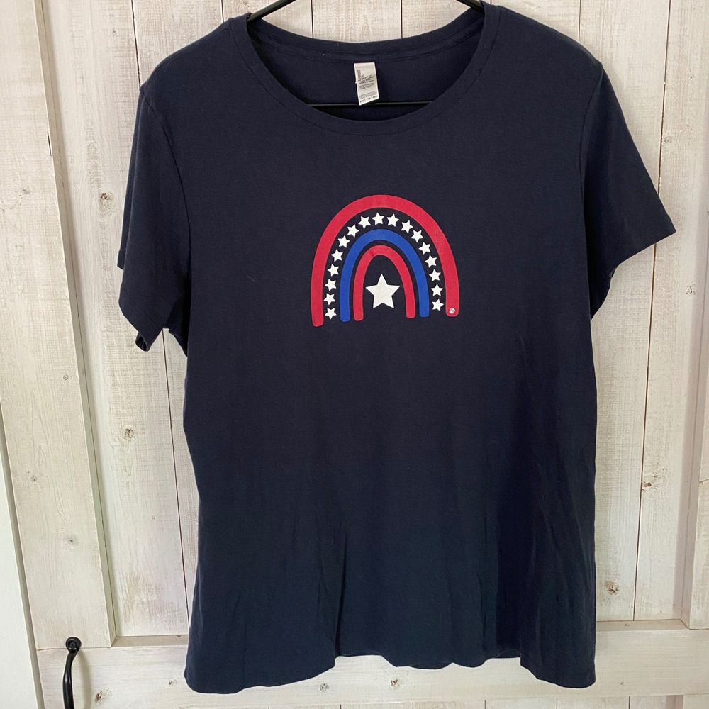 District Perfect Tri Womens XXL Navy Patriotic Rainbow Stars USA Graphic Tee